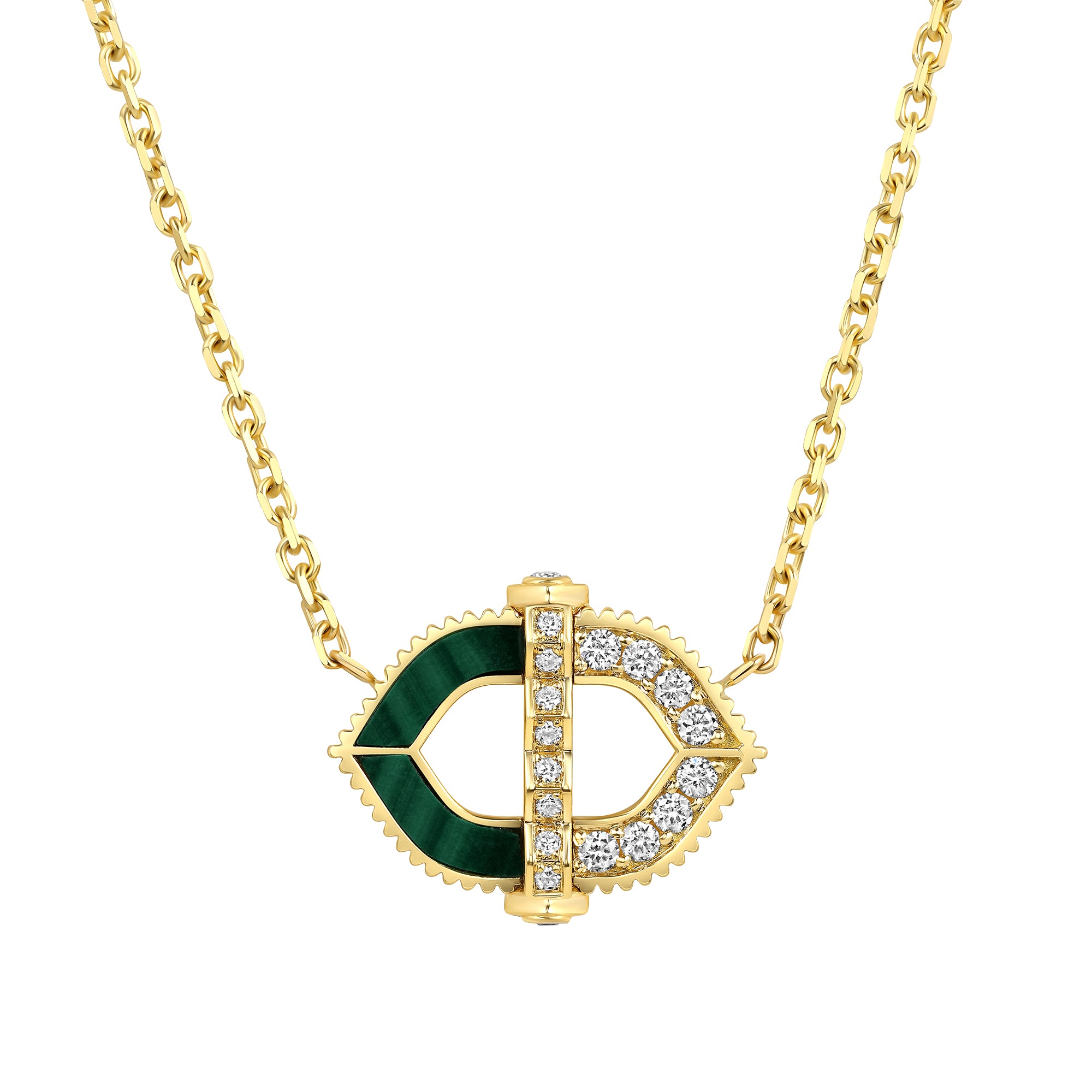 bastion necklace with diamonds and malachite in 18k gold vardui kara fortress collection