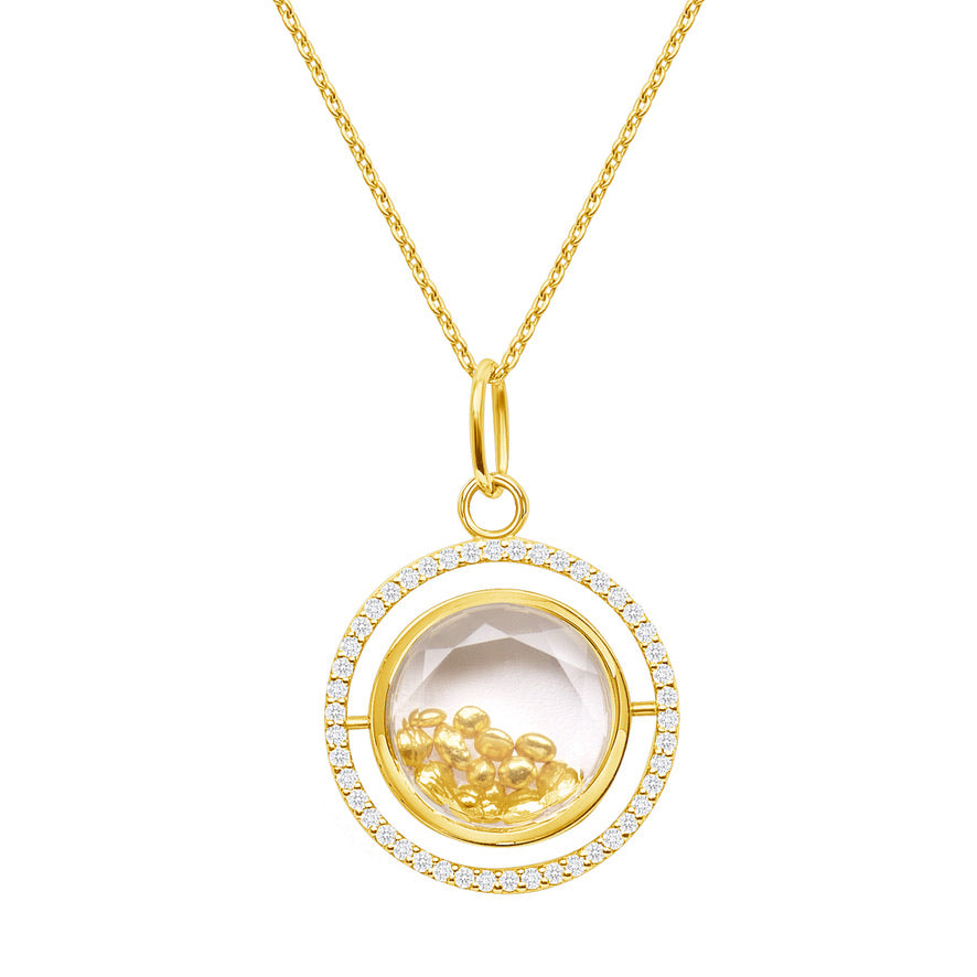 14K Gold Spinning Crystal Quartz Pendant with 24K Gold Grain and Diamond Halo vardui kara