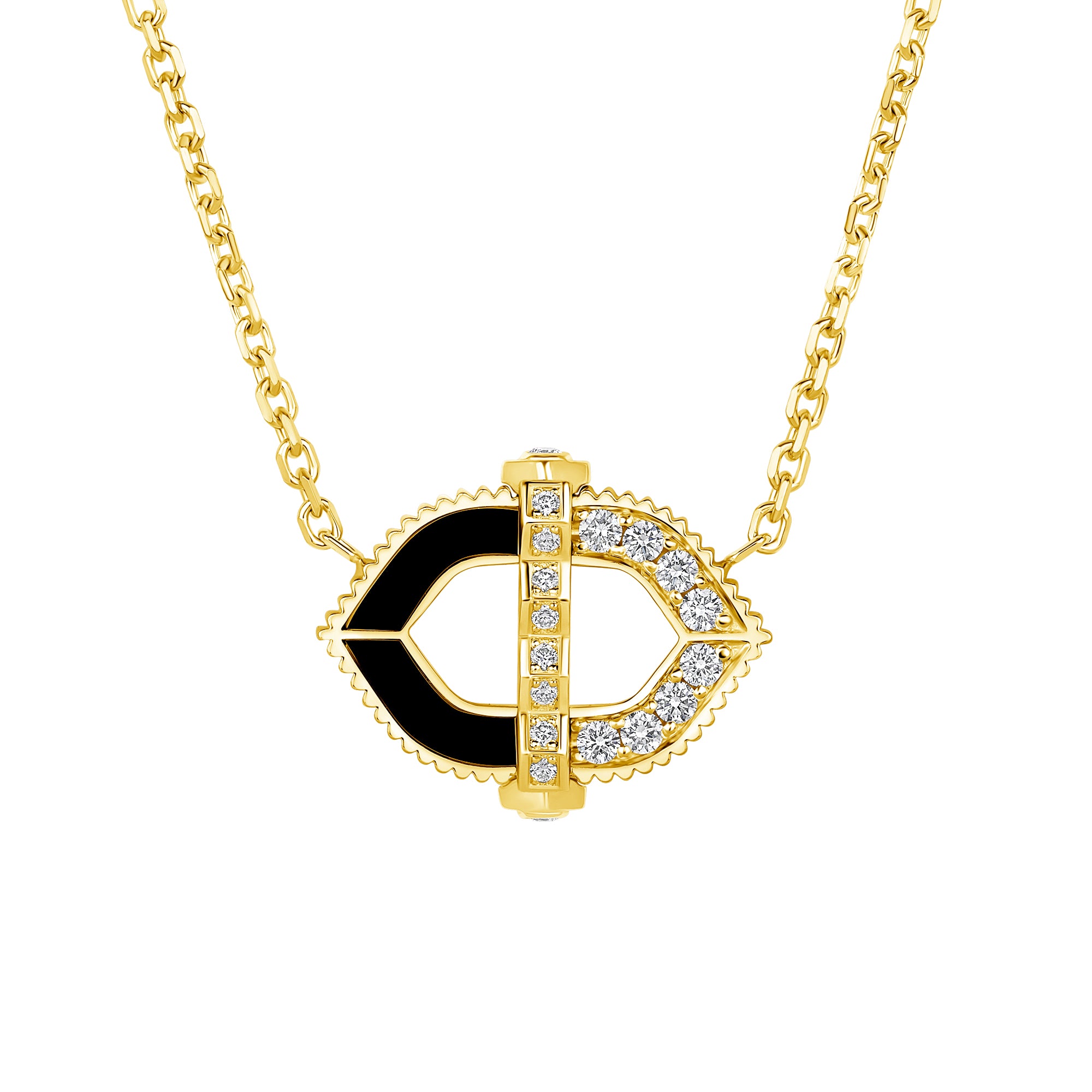 18 karat gold shield necklace with onyx and diamonds bastion