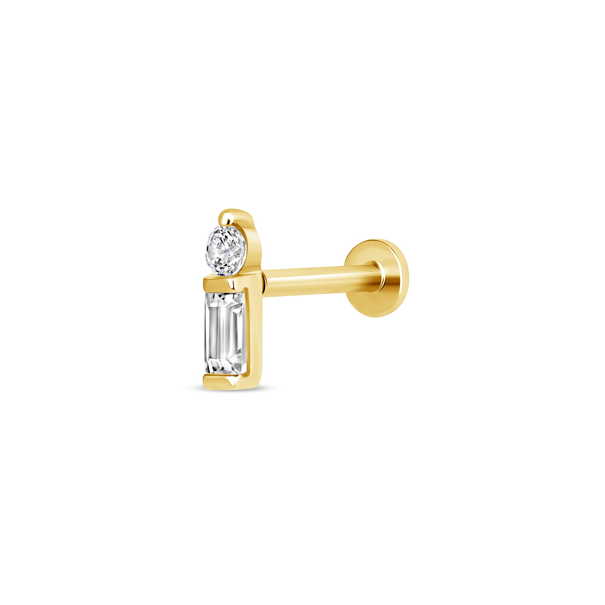 Gold earring with two diamonds on a white background